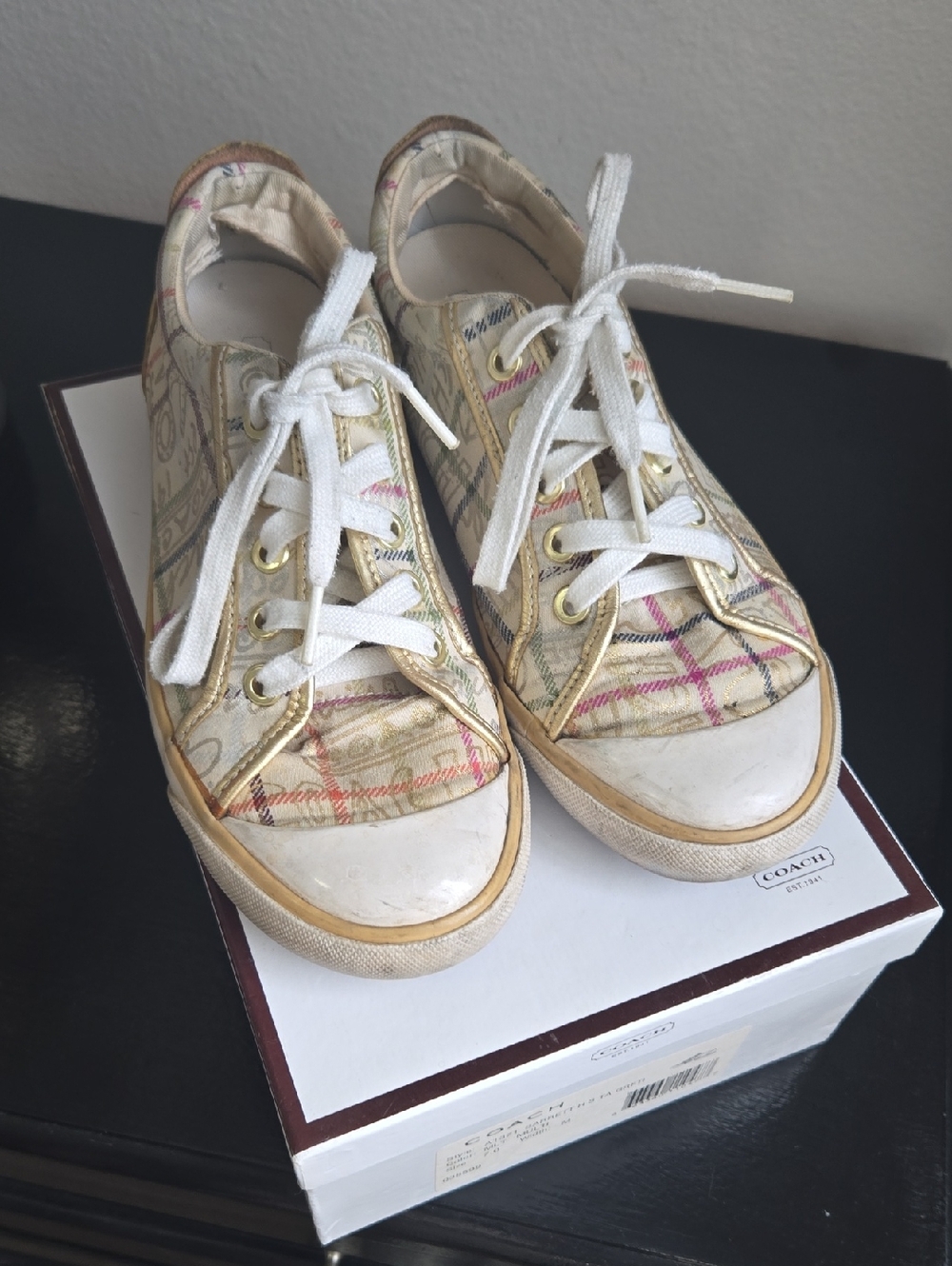 Coach Plaid Low-Top Sneakers in Cream, Pink and Gold Trim